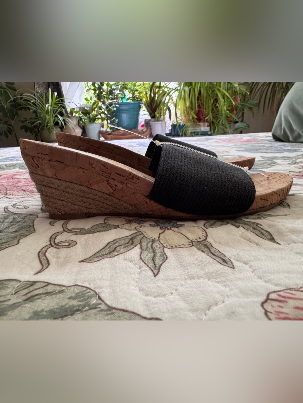 White Mountain Aleah Black Wedge Slide Sandals with Cork Heel